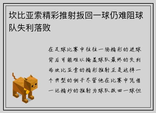 坎比亚索精彩推射扳回一球仍难阻球队失利落败